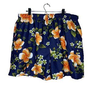 Sand N Sun Swim Trunks Hawaiian Floral Print Navy Blue Orange Lined Pockets 2XL
